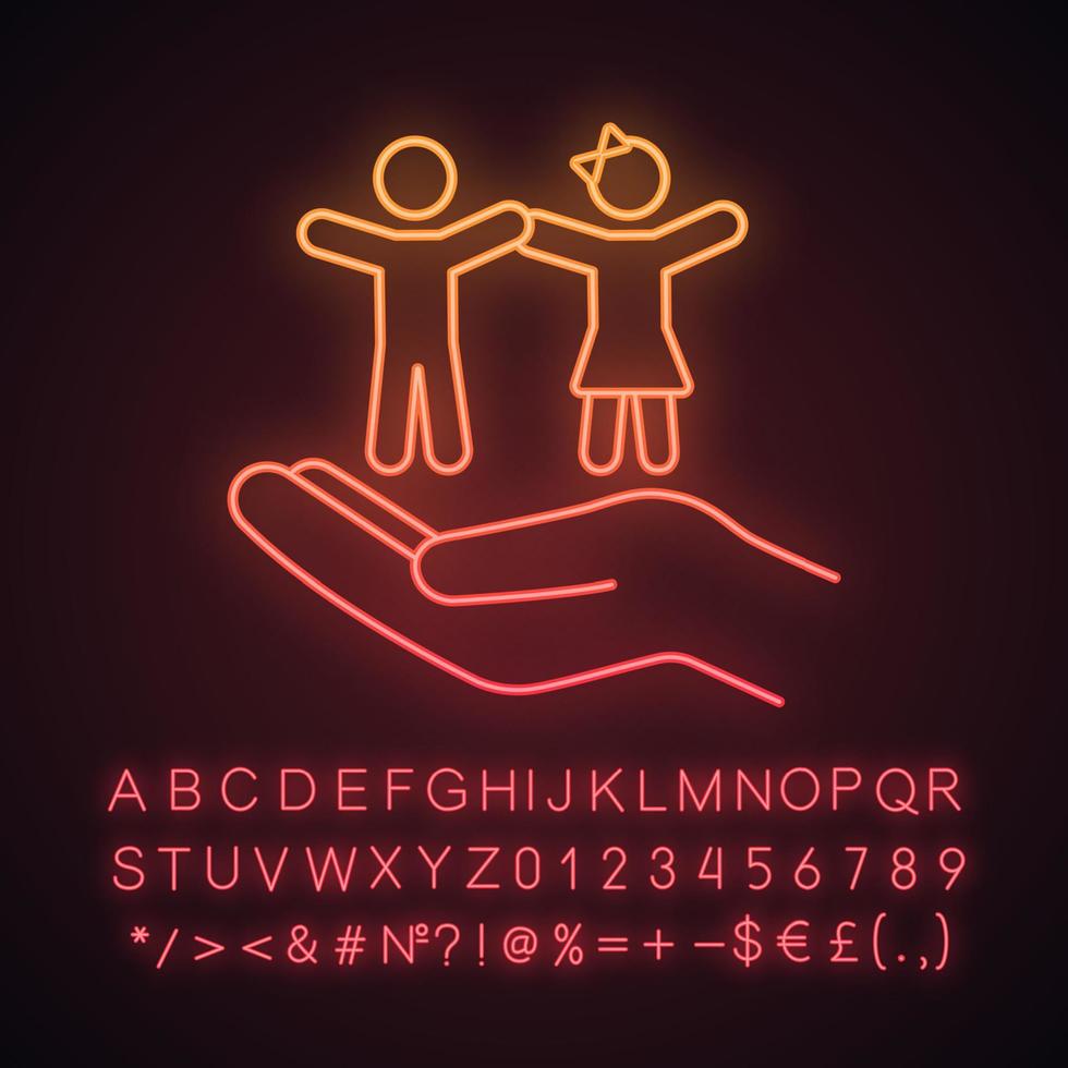 Children s rights neon light icon. Child protection day. Hand holding kids. Childcare. Glowing sign with alphabet, numbers and symbols. Vector isolated illustration