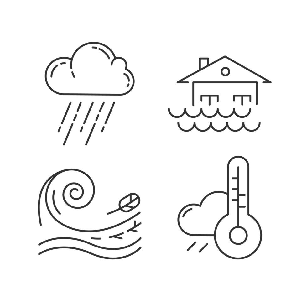 conjunto de iconos lineales de desastres naturales. peligro de cambios climáticos globales. tifón, inundación, pronóstico del tiempo, tsunami. símbolos de contorno de línea delgada. ilustraciones aisladas de contorno vectorial. trazo editable vector