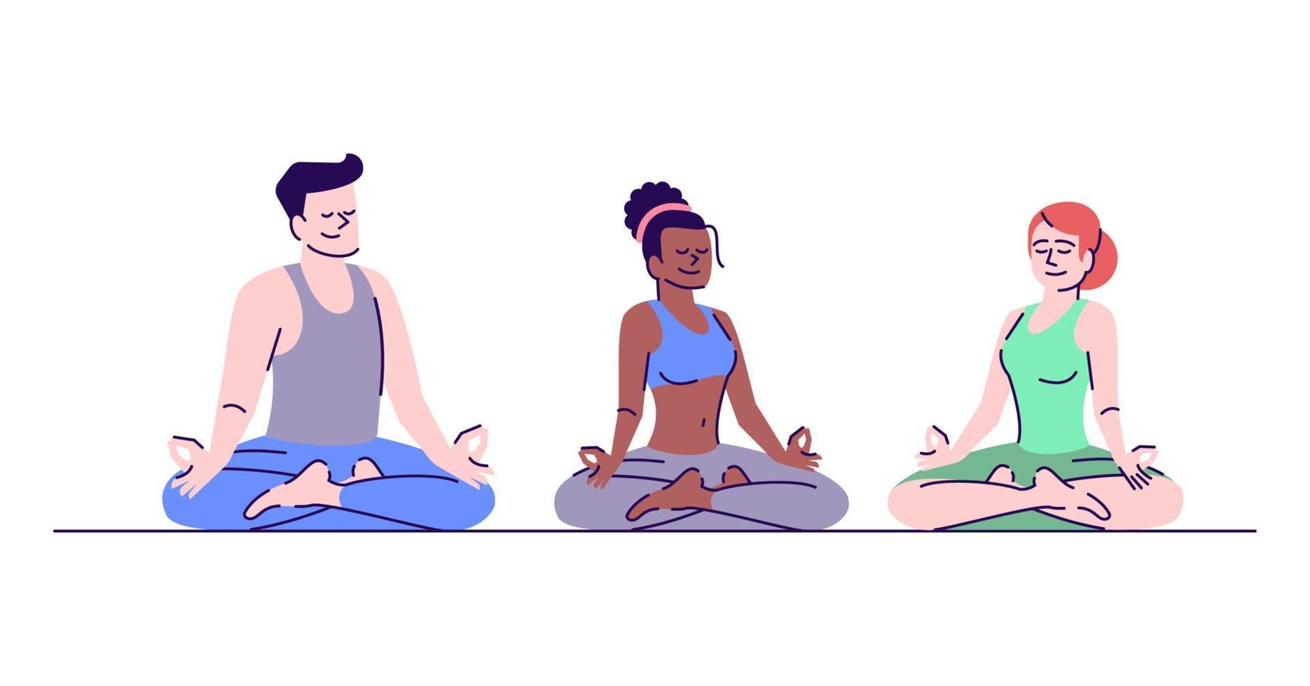 Yoga training flat vector illustration. People meditating in lotus position. Man and women sitting in padmasana pose isolated cartoon characters with outline elements on white background