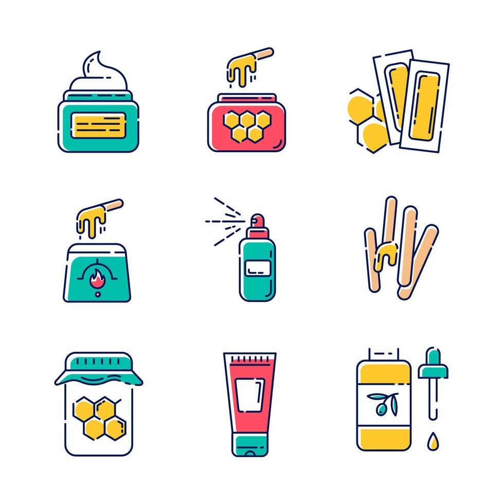 Waxing equipment color icons set. Natural hot honey wax strips with spatula. Hair removal tools. Body lotion, spray, oil for depilation. Professional beauty cosmetics. Isolated vector illustrations