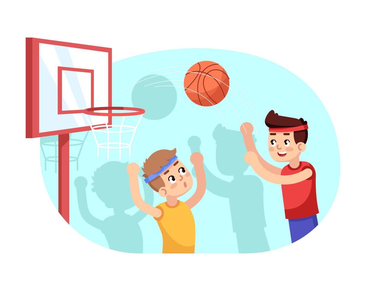 Boys playing basketball flat vector illustration. Sports section for children. Advanced training in team game for schoolchildren. After school activities. Kids athletic contest cartoon characters
