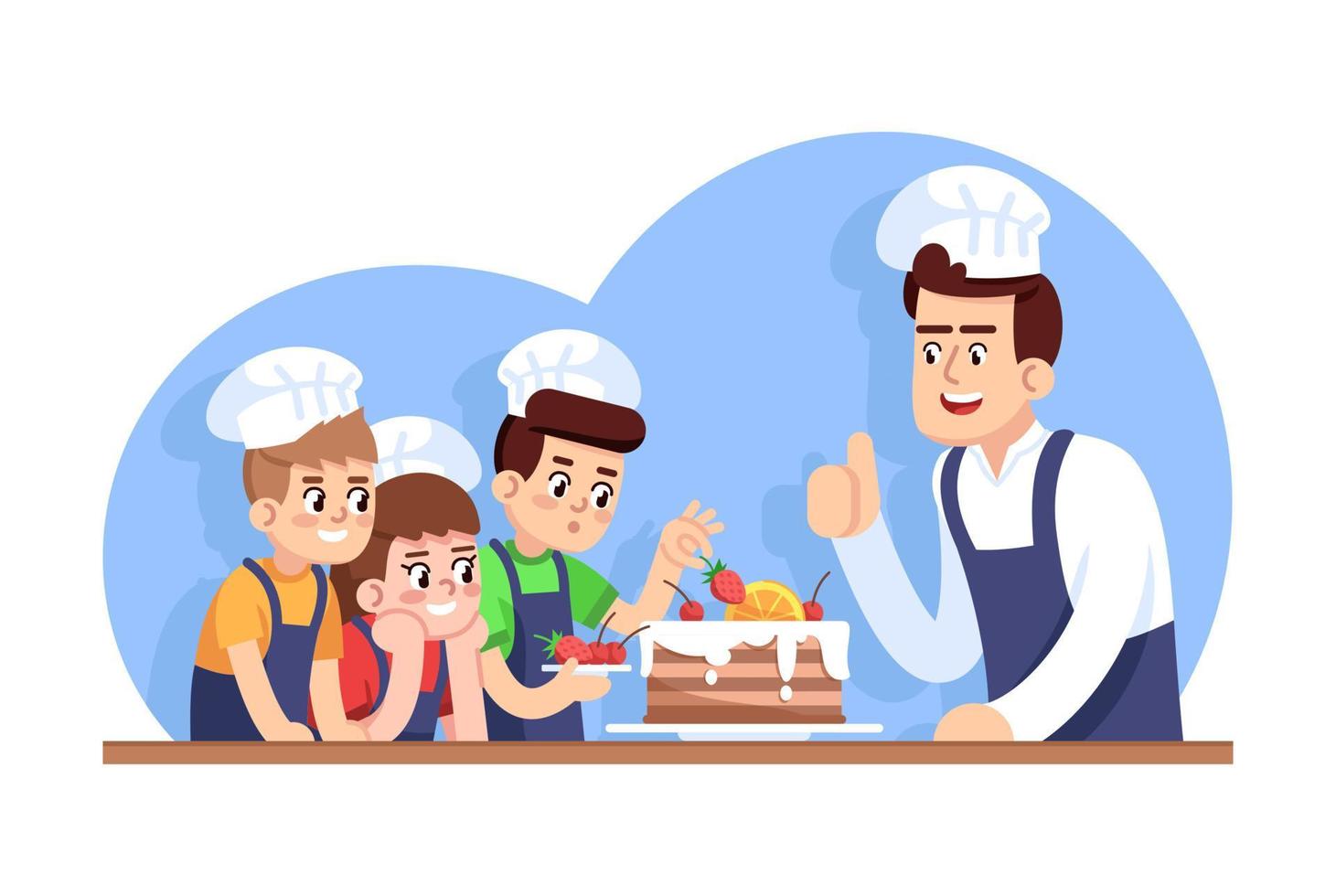 hildren cooking class flat vector illustration. Culinary school for kids. Treat for mothers day. Extracurricular activity. Interest club. Boys decorating cake, chef approving cartoon characters