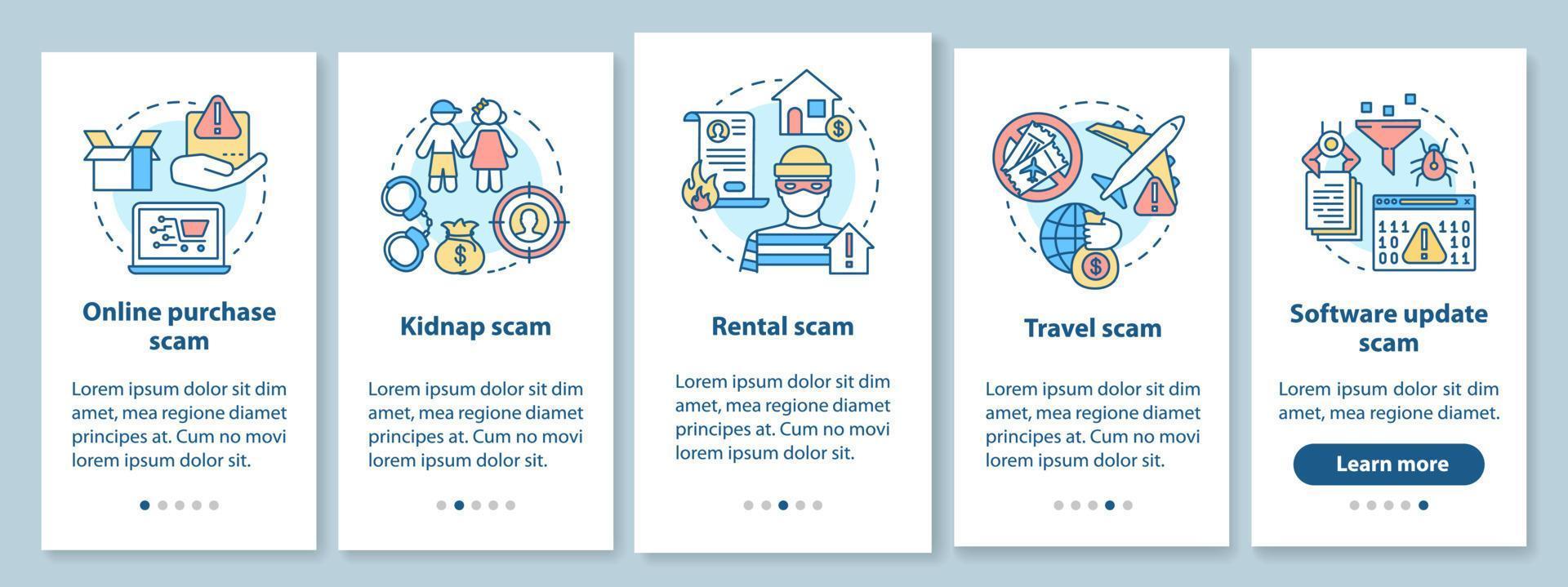 Scam types onboarding mobile app page screen with linear concepts. Five walkthrough steps graphic instructions. Online purchase and rental fraud. UX, UI, GUI vector template with illustrations