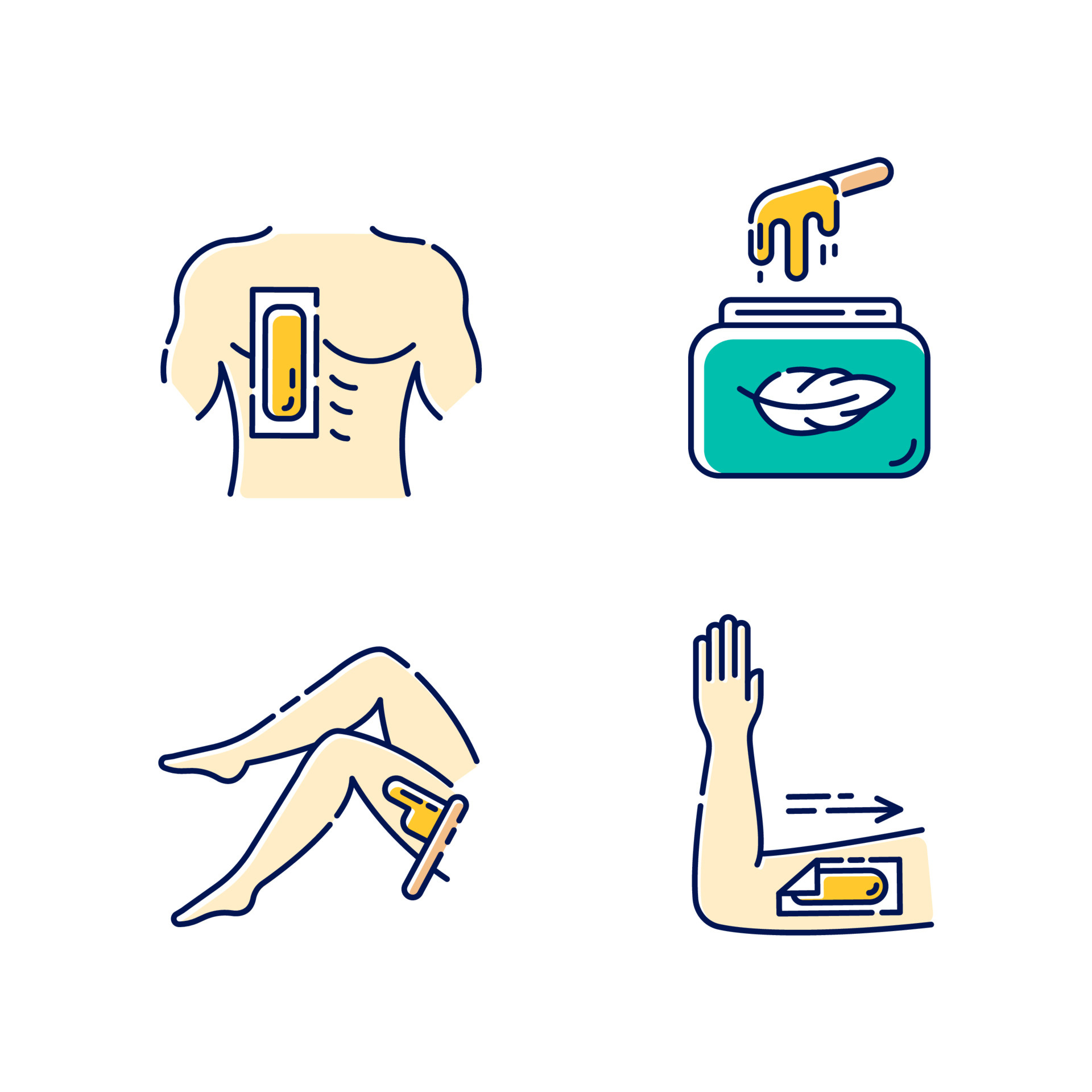 Soft waxing beige color icons set. Chest, leg, arm hair removal with  strips. Cold wax in jar. Female, male body depilation. Professional beauty  treatment cosmetics. Isolated vector illustrations 5363183 Vector Art at
