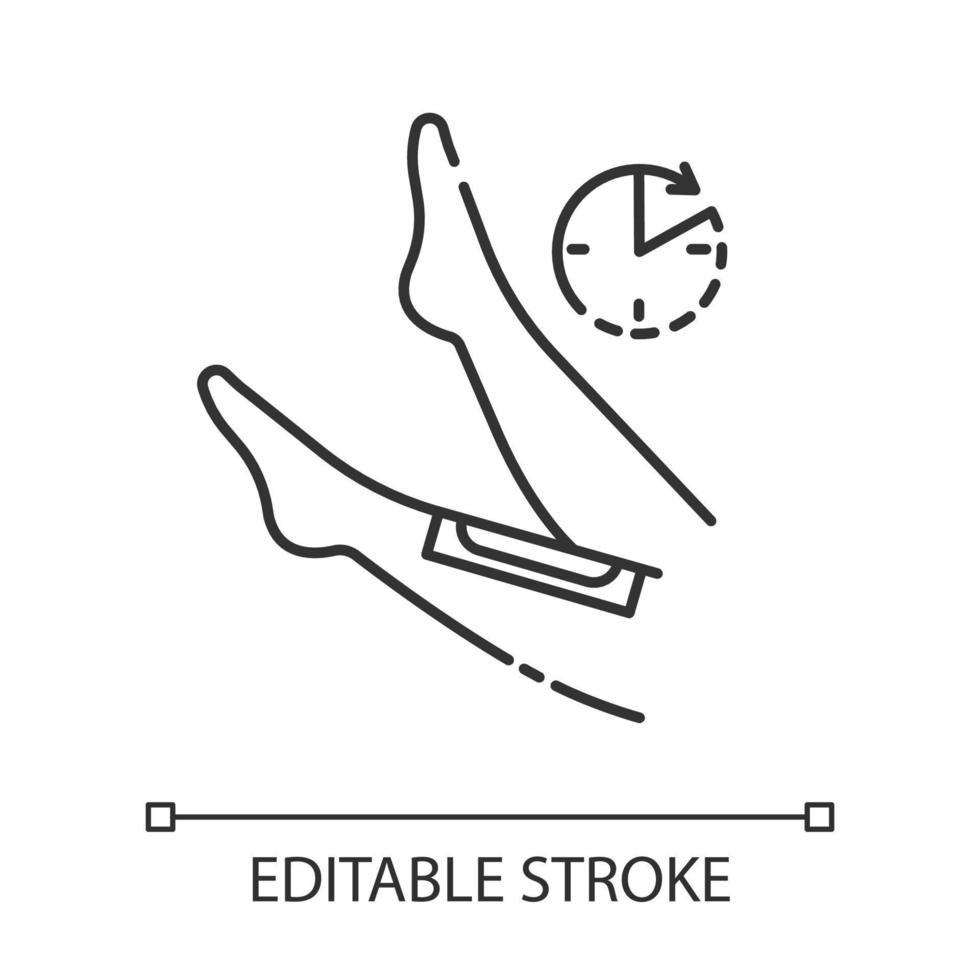 Leg waxing linear icon. Shin hair removal procedure step. Applying natural cold wax strip, waiting process. Thin line illustration. Contour symbol. Vector isolated outline drawing. Editable stroke