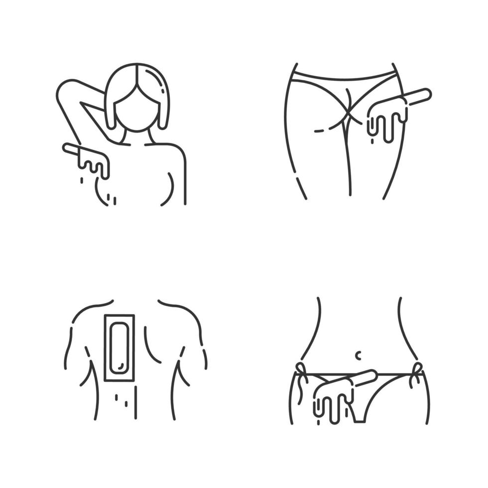 Hot waxing linear icons set. Armpit, buttocks, back, bikini hair removal. Cold wax strips. Body hair depilation. Thin line contour symbols. Isolated vector outline illustrations. Editable stroke