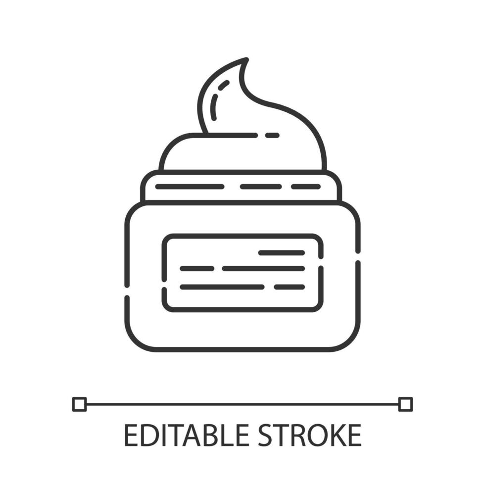 Moisturizing cream linear icon. Waxing, depilation aftercare product in jar. Body lotion, natural skin care. Thin line illustration. Contour symbol. Vector isolated outline drawing. Editable stroke