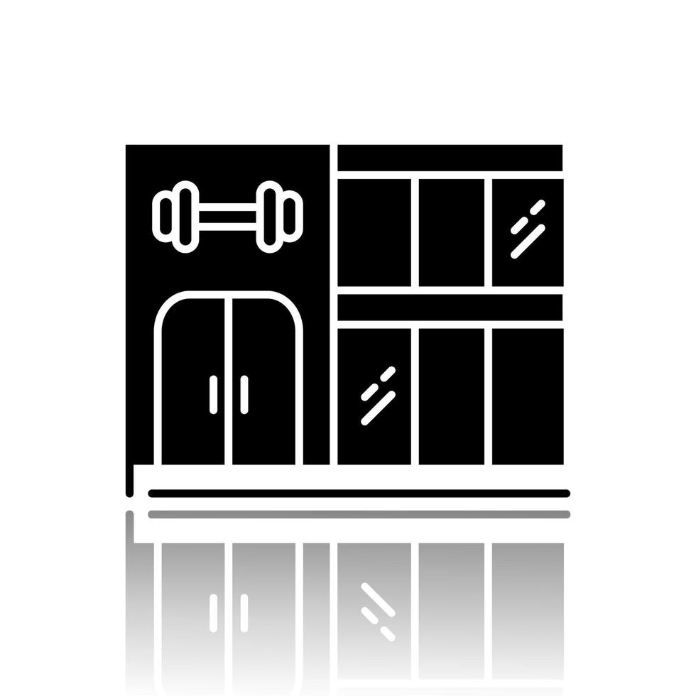 icono de glifo negro de sombra de caída de edificio de gimnasio. Exterior del gimnasio de dos plantas. fachada del club deportivo de la ciudad. moderno gimnasio, sala de fitness. locales de entrenamiento. ilustración vectorial aislada vector