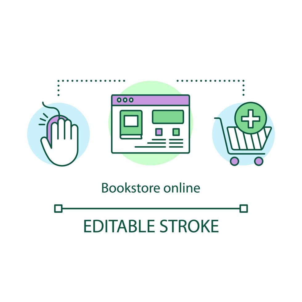 Online bookstore concept icon. Digital shop, library idea thin line illustration. Modern book market, internet web store. Buying books online, eshop. Vector isolated outline drawing. Editable stroke