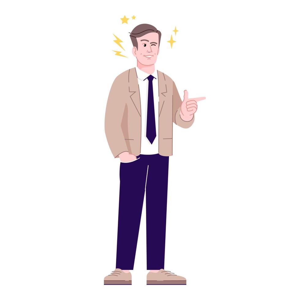 Flirting man flat vector illustration. Attractive person. Fellow in joking mood. Cheerful, joyful guy with pointing finger gesture isolated cartoon character with outline elements on white background