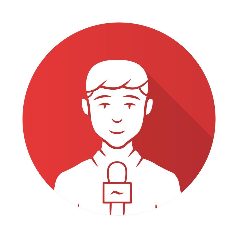 Reporter man red flat design long shadow glyph icon. TV presenter, interviewer with microphone. TV host. Journalist taking interview. Newscaster reporting breaking news. Vector silhouette illustration