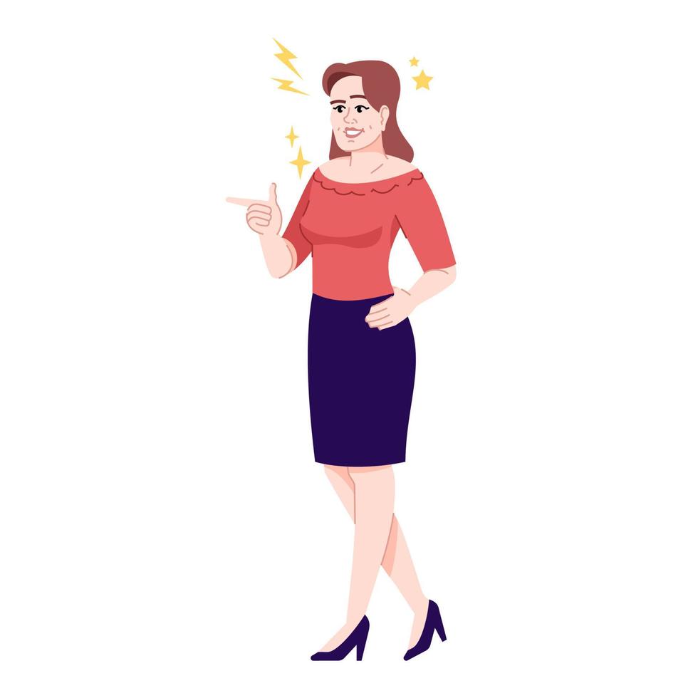 mujer en humor de broma ilustración vectorial plana. chica alegre muestra interés con el gesto del dedo acusador. mujer de negocios coqueteando personaje de dibujos animados aislado con elementos de contorno sobre fondo blanco vector