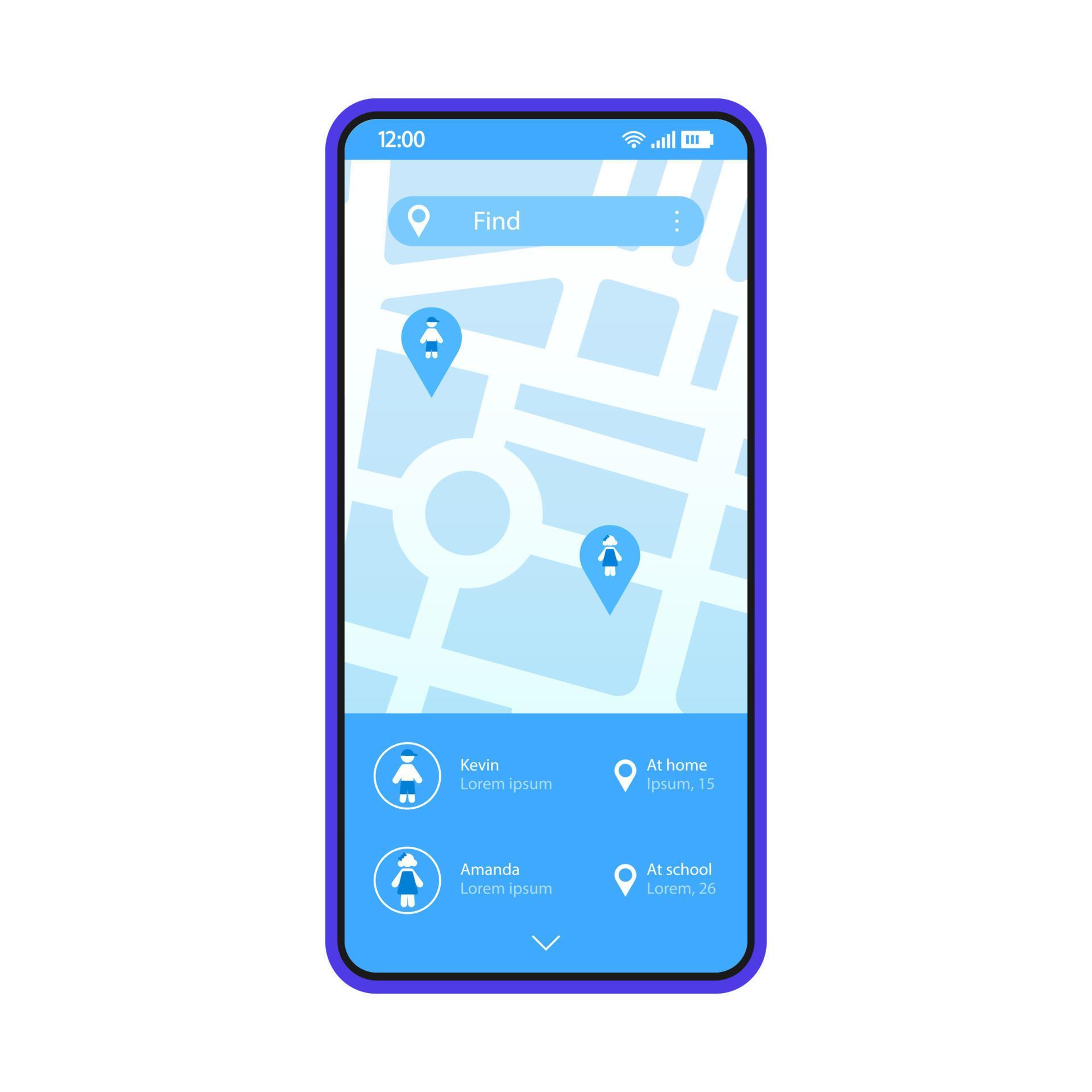 Parental monitoring smartphone app interface vector template. Mobile child tracking application