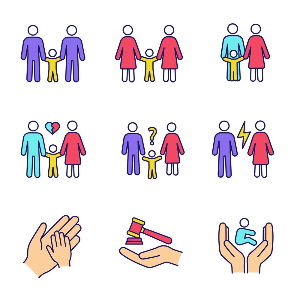 Child custody color icons set. Adoption and orphanage. Childcare. Gay and lesbian parents, divorce, quarrel, orphan, family court. Isolated vector illustrations