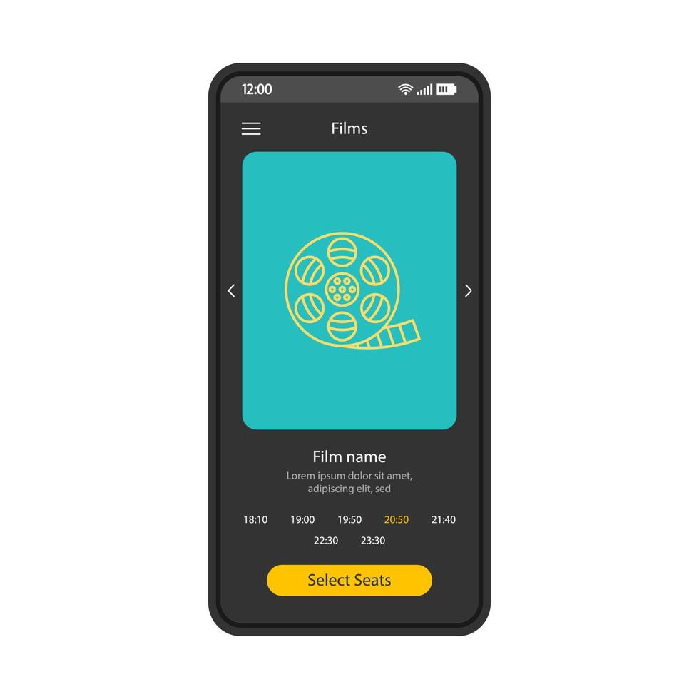 Movie tickets booking smartphone interface vector template. Mobile app page black design layout. Cinema online ticketing screen. Flat UI for application. Film name, time, seats selection phone display