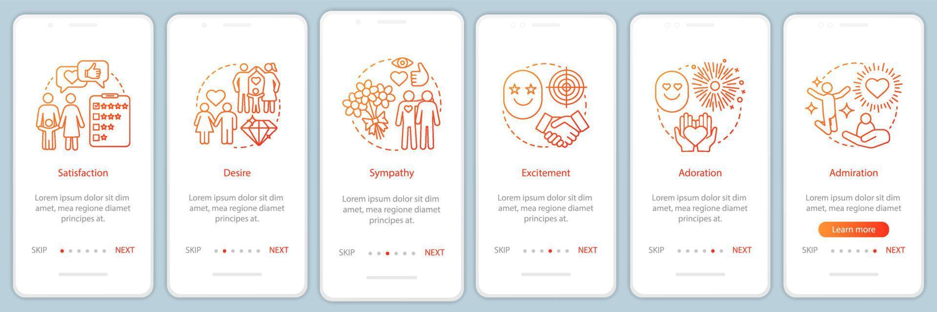 Relationship feelings onboarding mobile app page screen with linear concepts. Satisfaction, desire, adoration walkthrough steps graphic instructions. UX, UI, GUI vector template with illustrations