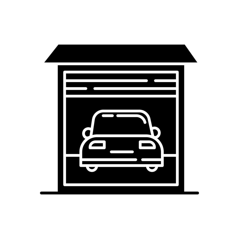 Garage car parking glyph icon. Automobile city parking lot, place. Urban street carpark area. Vehicle shed with automatic roller gate. Silhouette symbol. Negative space. Vector isolated illustration