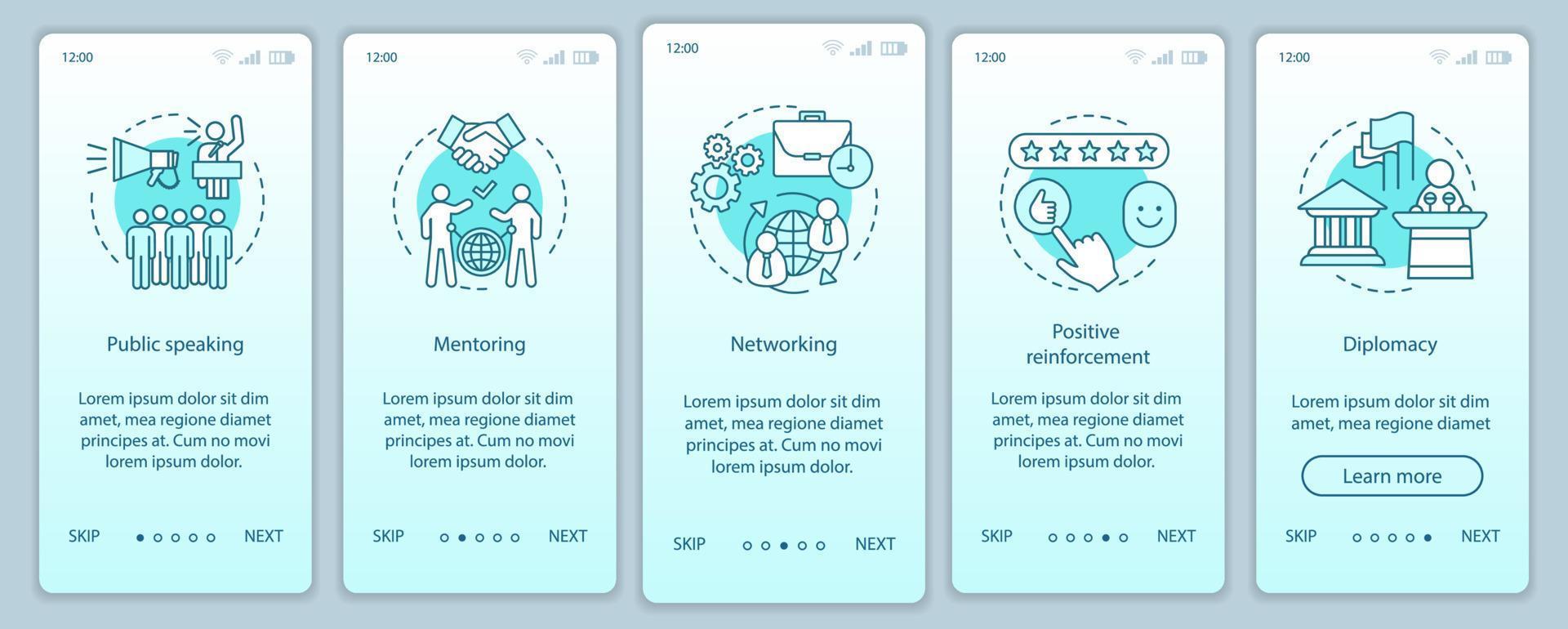 HR soft skills onboarding mobile app page screen vector template. Public speaking, mentoring, diplomacy. Employee abilities walkthrough website steps. UX, UI, GUI smartphone interface concept