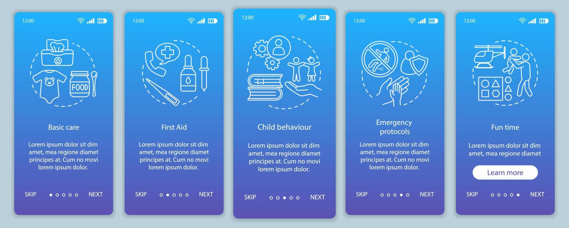 Babysitters courses onboarding mobile app page screen vector template. Childcare services. Walkthrough website steps. Pediatrics. Child care classes program. UX, UI, GUI smartphone interface concept
