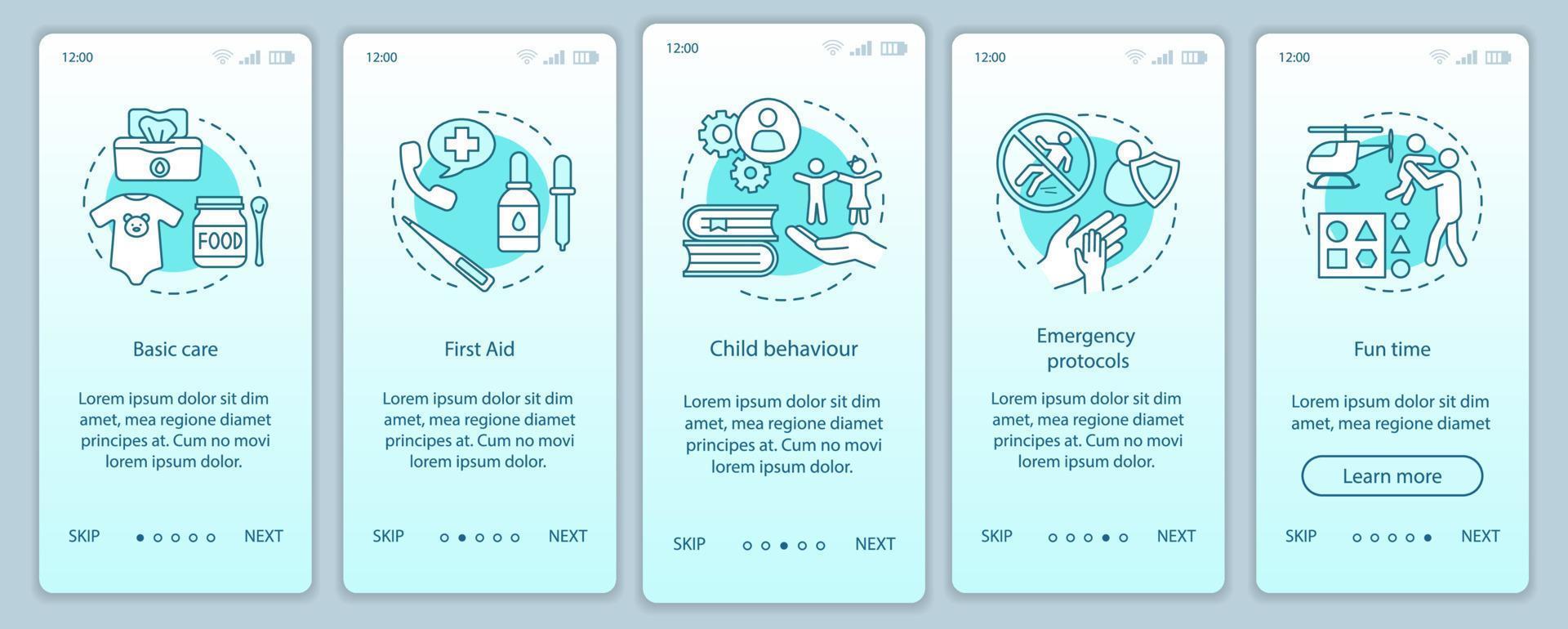 Babysitters classes onboarding mobile app screen vector template. Childcare. Babysitting training. Walkthrough website steps. Pediatrics. Child care courses program. UX, UI, GUI smartphone interface
