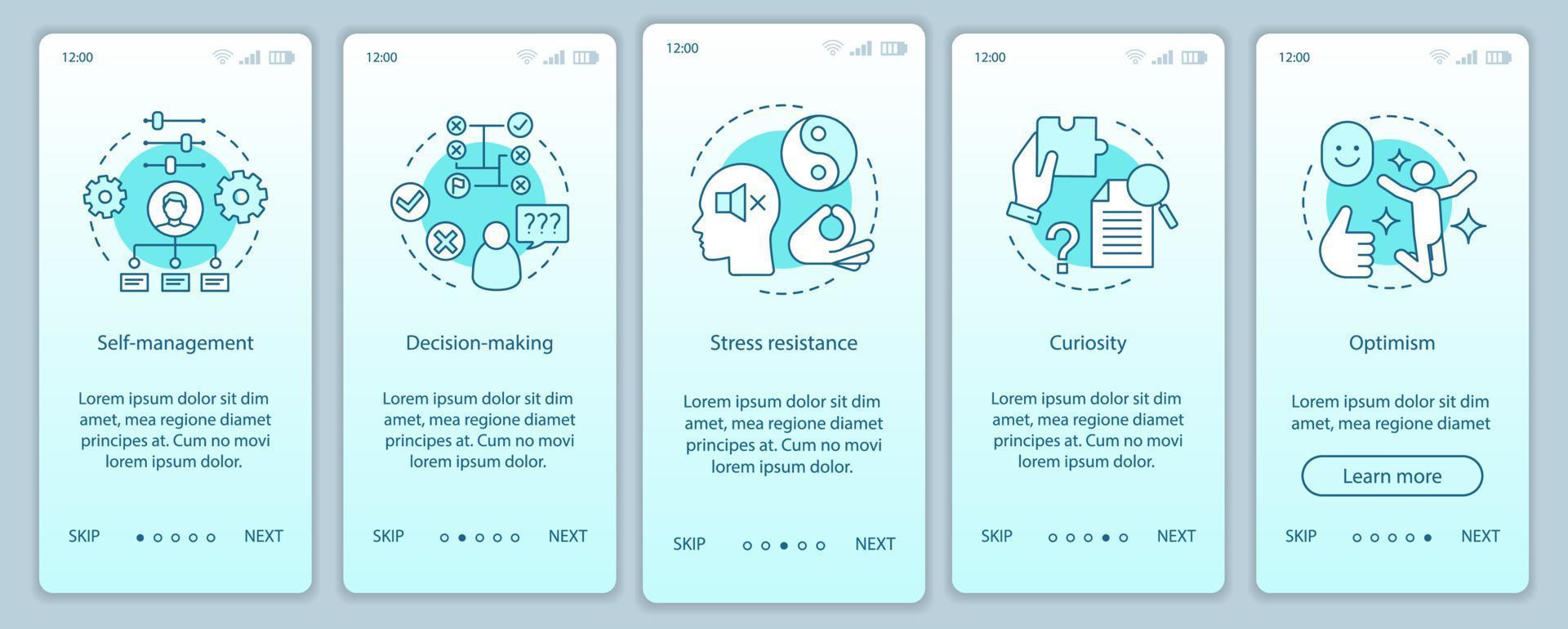 Business skills onboarding mobile app page screen vector template. Employee soft, baseine qualities. Decision making, curiosity, optimism walkthrough website steps. UX, UI, GUI smartphone interface