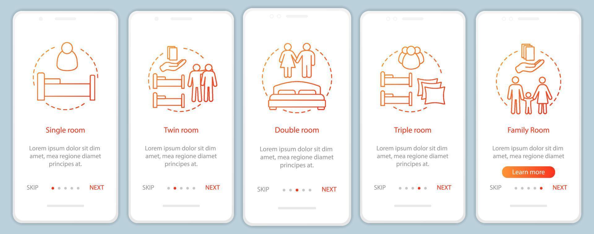 tipos de habitaciones de hotel incorporando plantilla de vector de pantalla de aplicación móvil. reserva de alojamiento, apartamento. Pasos del sitio web del recorrido de las habitaciones individuales, dobles y familiares. hostal, motel. ux, ui, interfaz de teléfono inteligente gui