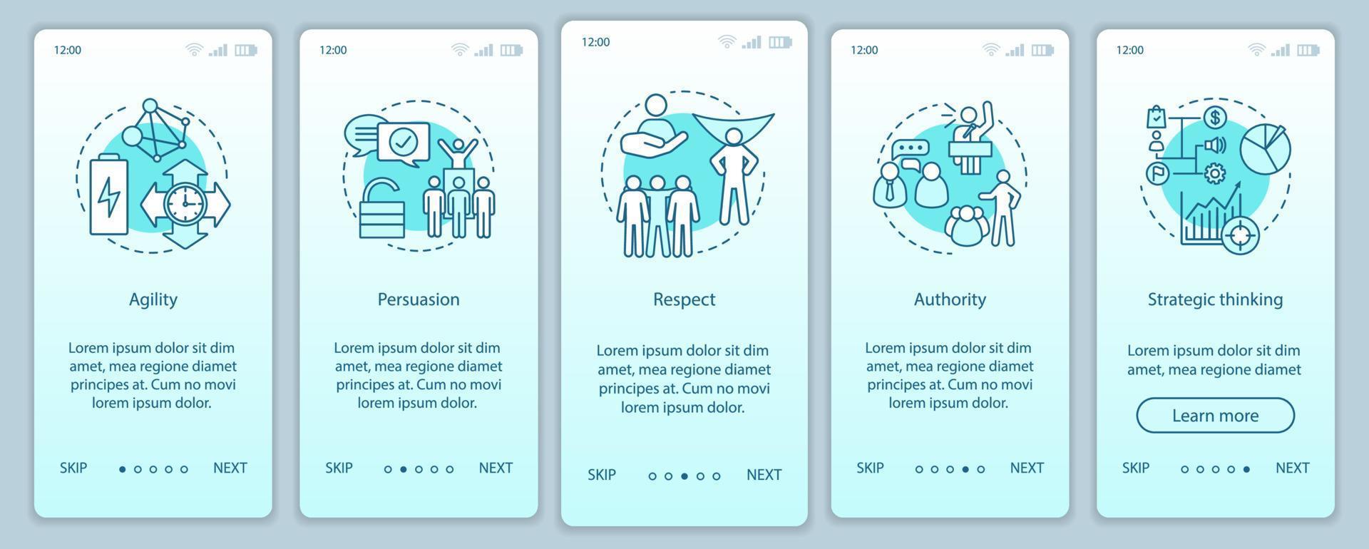 HR baseline skills onboarding mobile app page screen vector template. Employee soft qualities, abilities. Respect, authority, persuasion walkthrough website steps. UX, UI, GUI smartphone interface