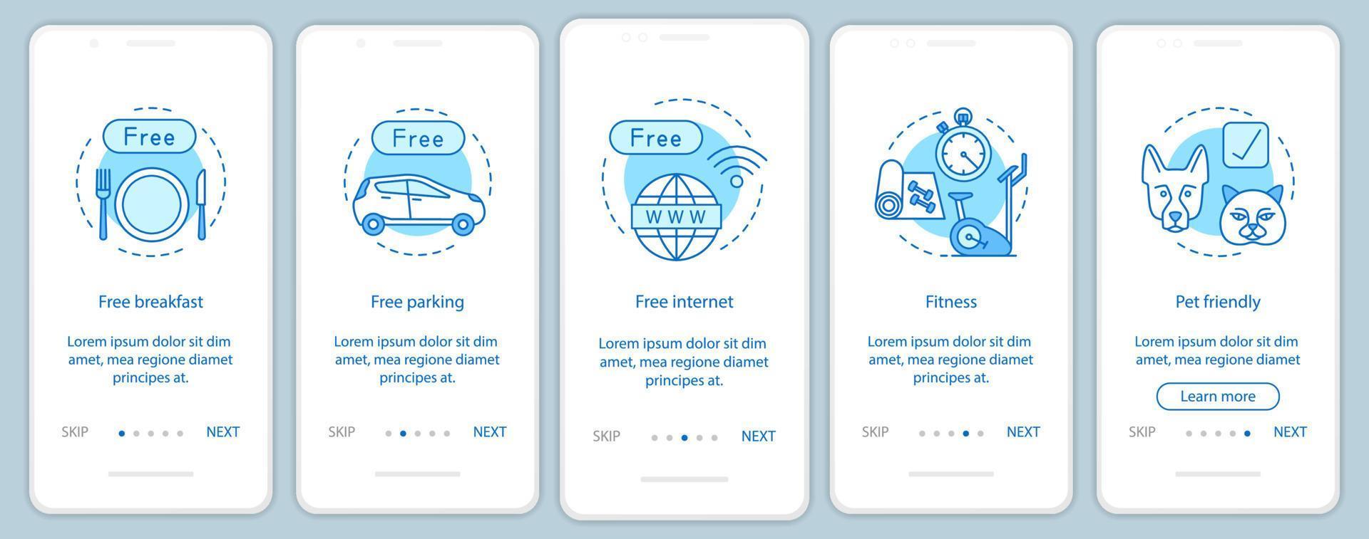 servicios del hotel que incorporan la plantilla de vector de pantalla de la aplicación móvil. Pasos del sitio web del recorrido por las instalaciones y servicios de la habitación con ilustraciones lineales. todo incluido. ux, ui, concepto de interfaz de teléfono inteligente gui