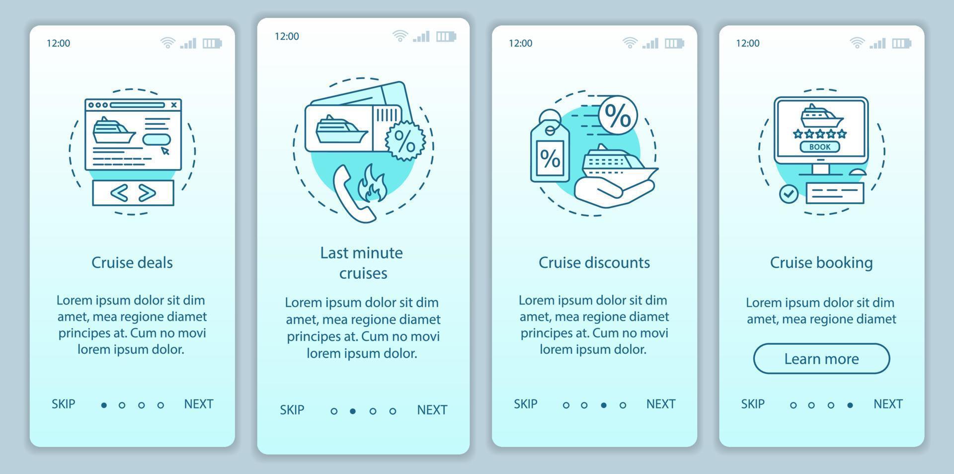 Cruise onboarding mobile app page screen vector template. Deals, last minute cruises, discounts, booking. Walkthrough website steps with linear illustrations. UX, UI, GUI smartphone interface concept