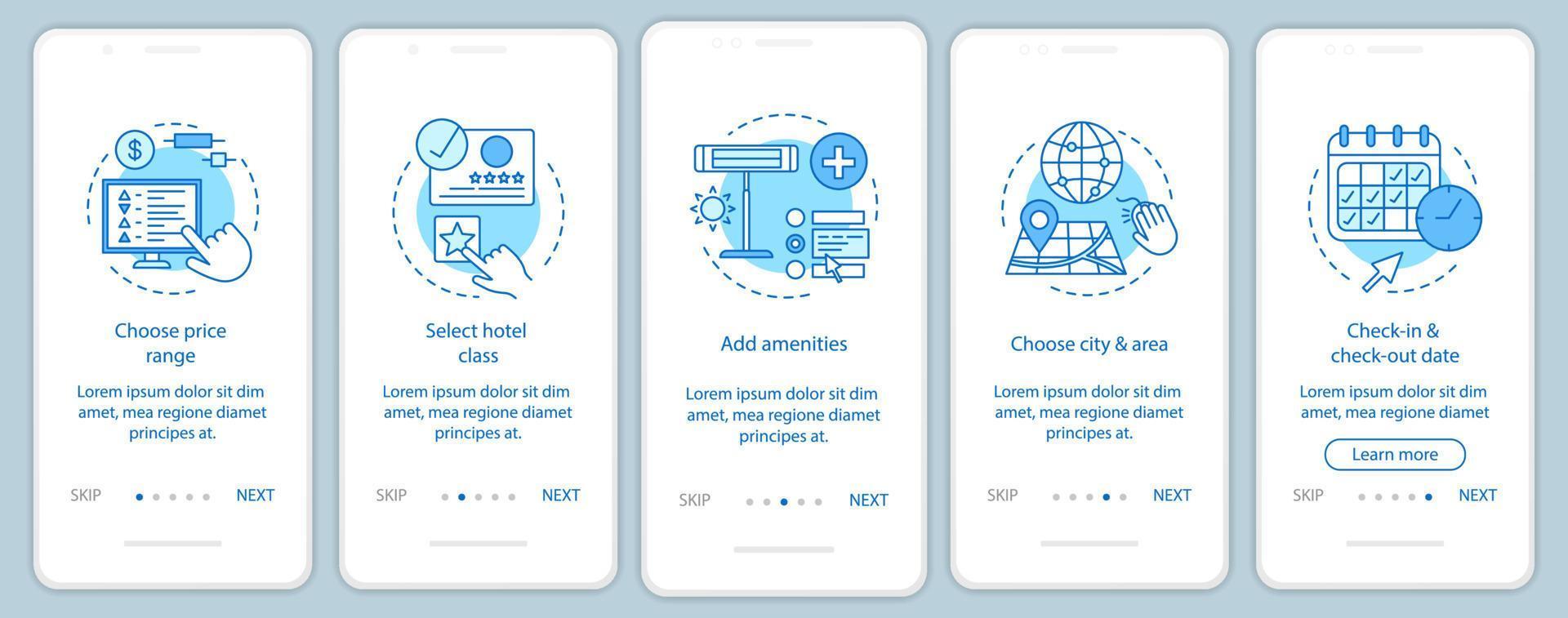 Hotel room booking onboarding mobile app page screen vector template. Choosing price, amenities, city, date. Hostel, motel reservation. Walkthrough website steps. UX, UI, GUI smartphone interface