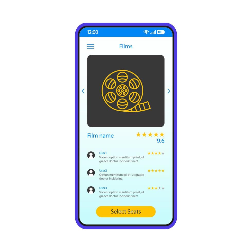 Movie tickets booking smartphone interface vector template. Mobile app page blue design layout. Online film rating, cinema seats selection screen. Flat UI for application. Users feedback phone display