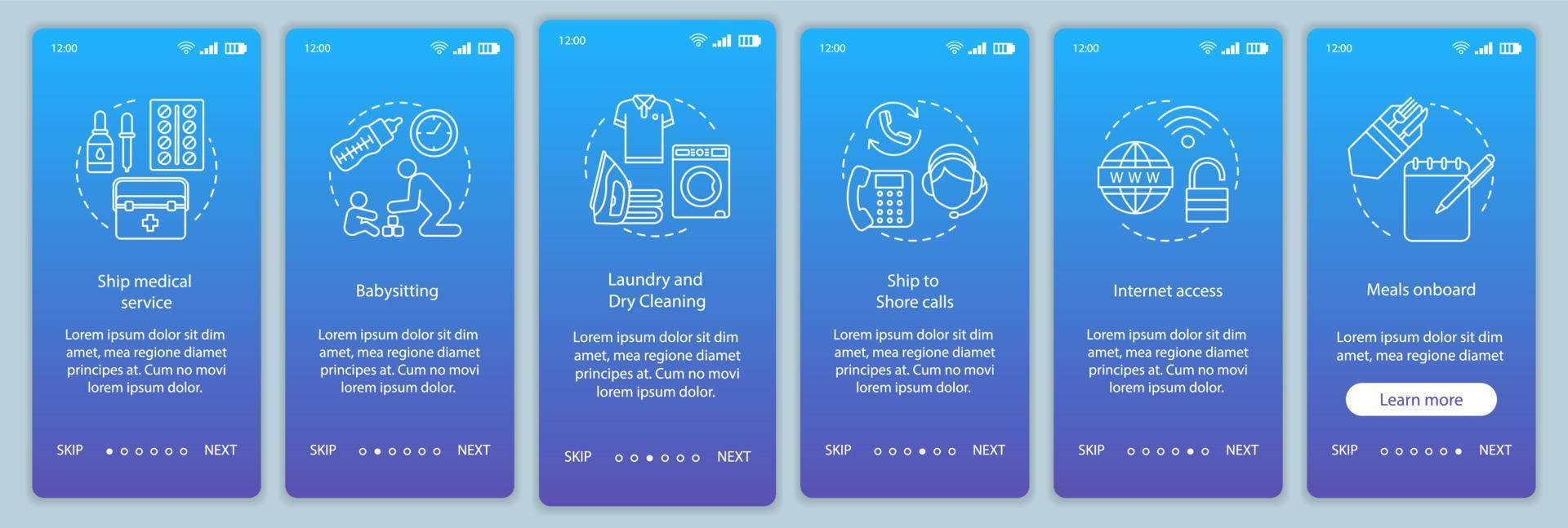 Cruise facilities onboarding mobile app page screen vector template. Medical service, babysitting, laundry. Walkthrough website steps with linear illustrations. UX, UI smartphone interface concept