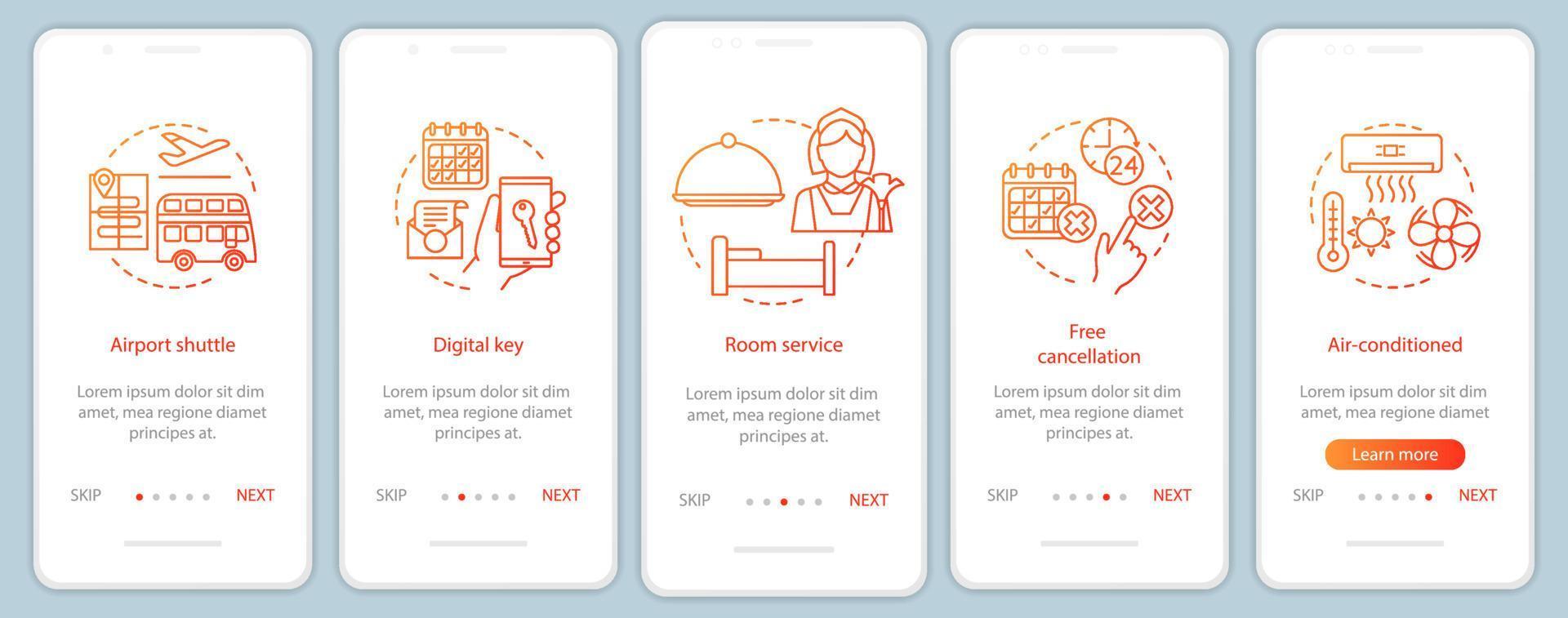 Hotel services onboarding mobile app page screen with linear concepts. Airport shuttle, free cancellation walkthrough steps graphic instructions. UX, UI, GUI vector template with illustrations