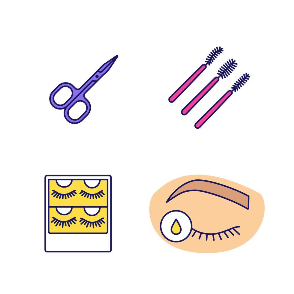Eyelash extension color icons set. Scissors, disposable mascara wands, false lashes packaging, primer for eyelash extension. Isolated vector illustrations