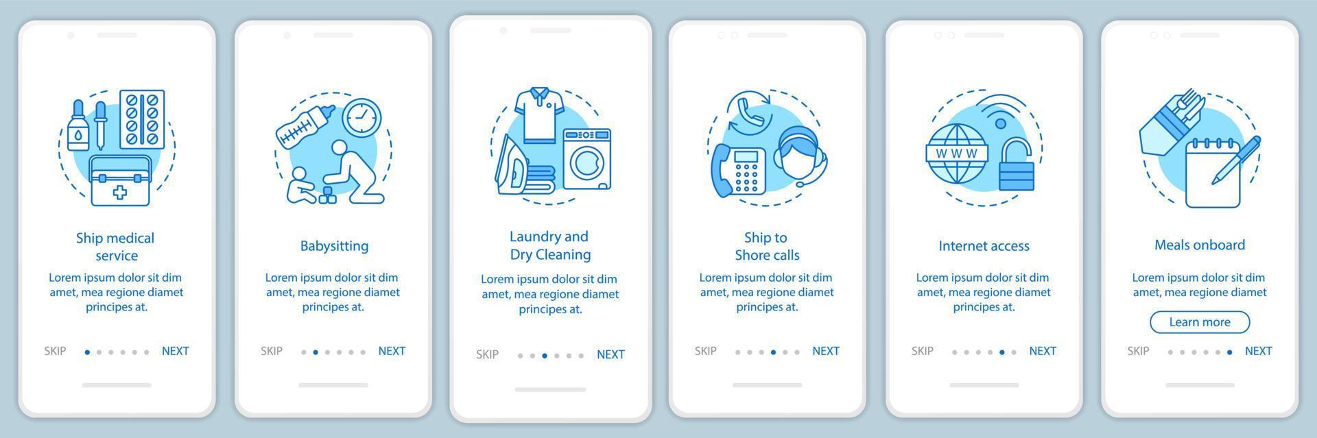 Cruise facilities onboarding mobile app page screen vector template. Medical service, babysitting, laundry. Walkthrough website steps with linear illustrations. UX, UI smartphone interface concept