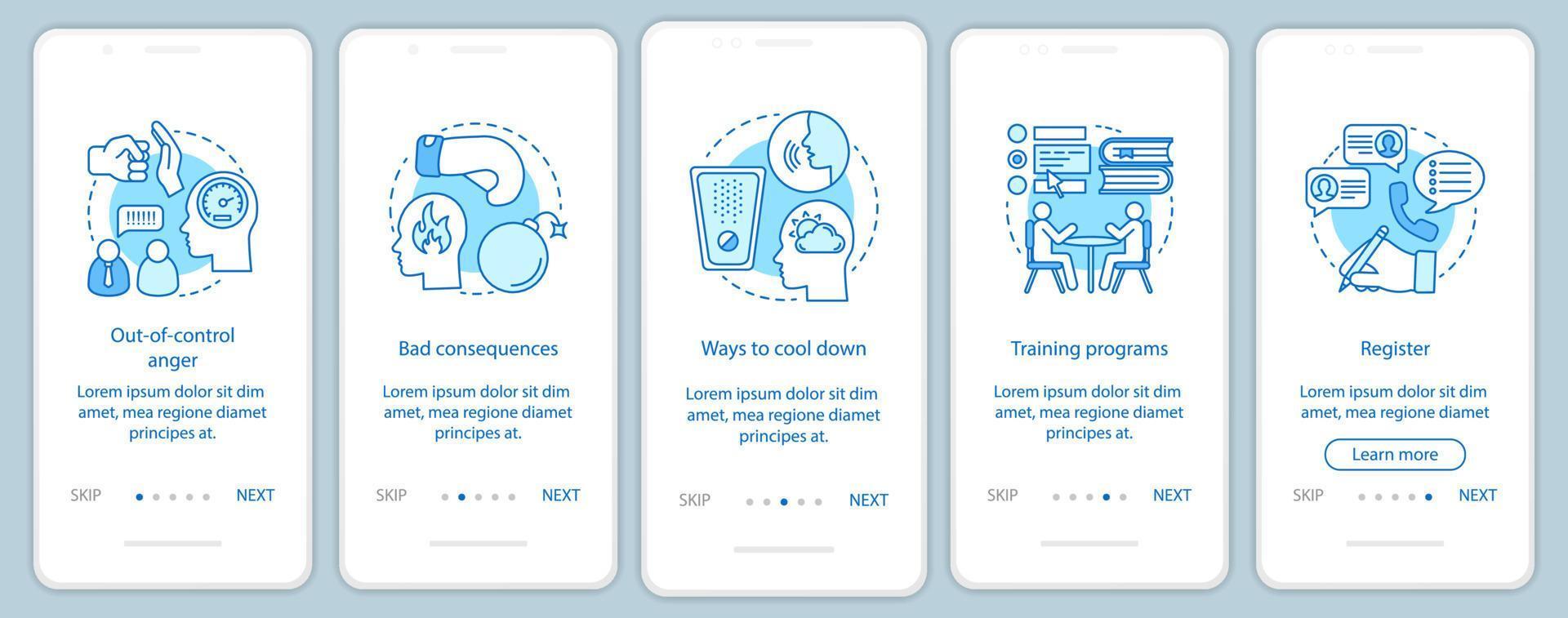 Anger management onboarding mobile app page screen vector template. Out-of-control anger, cool down ways. Walkthrough website steps with linear illustrations. UX, UI, GUI smartphone interface concept