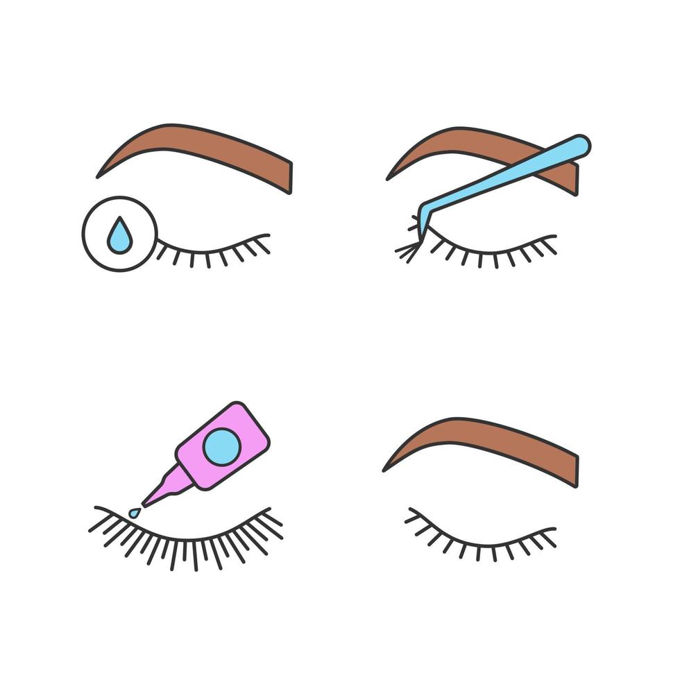 Eyelash extension color icons set. False lashes glue, primer for eyelash extension, cluster, closed woman's eye. Isolated vector illustrations