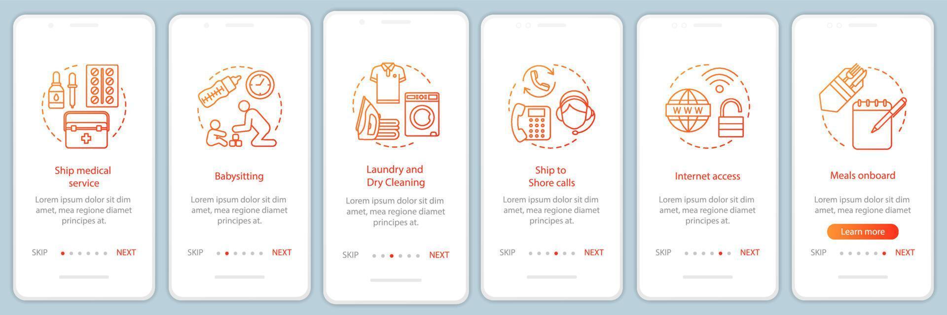 Cruise facilities onboarding mobile app page screen with linear concepts. Medical service, babysitting, laundry walkthrough steps graphic instructions. UX, UI, GUI vector template with illustrations