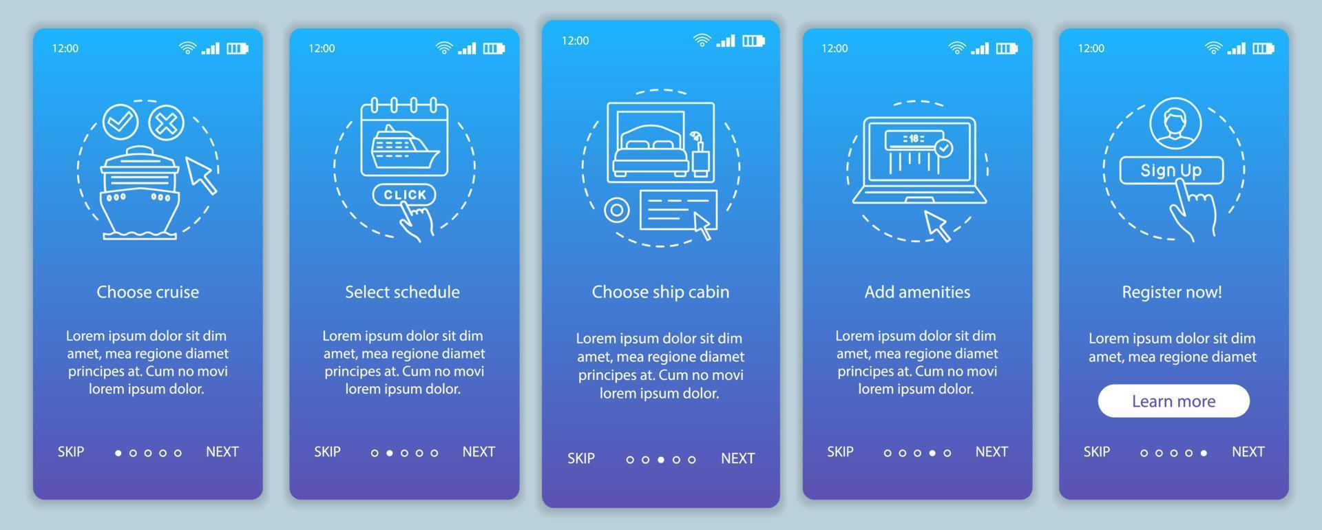 Online cruise booking onboarding mobile app page screen vector template. Choose schedule, add amenities. Walkthrough website steps with linear illustrations. UX, UI, GUI smartphone interface concept