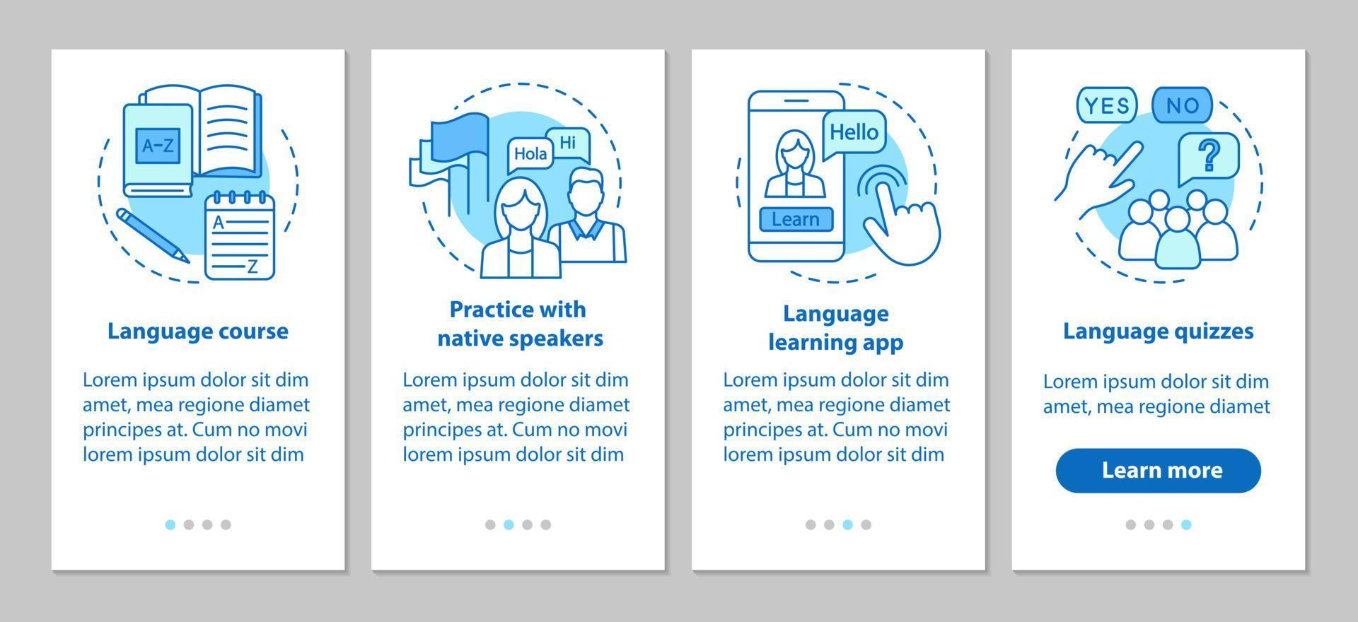 Language learning onboarding mobile app page screen vector template. Lessons with native speaker, language quizzes, online courses. Walkthrough website steps. UX, UI, GUI smartphone interface concept