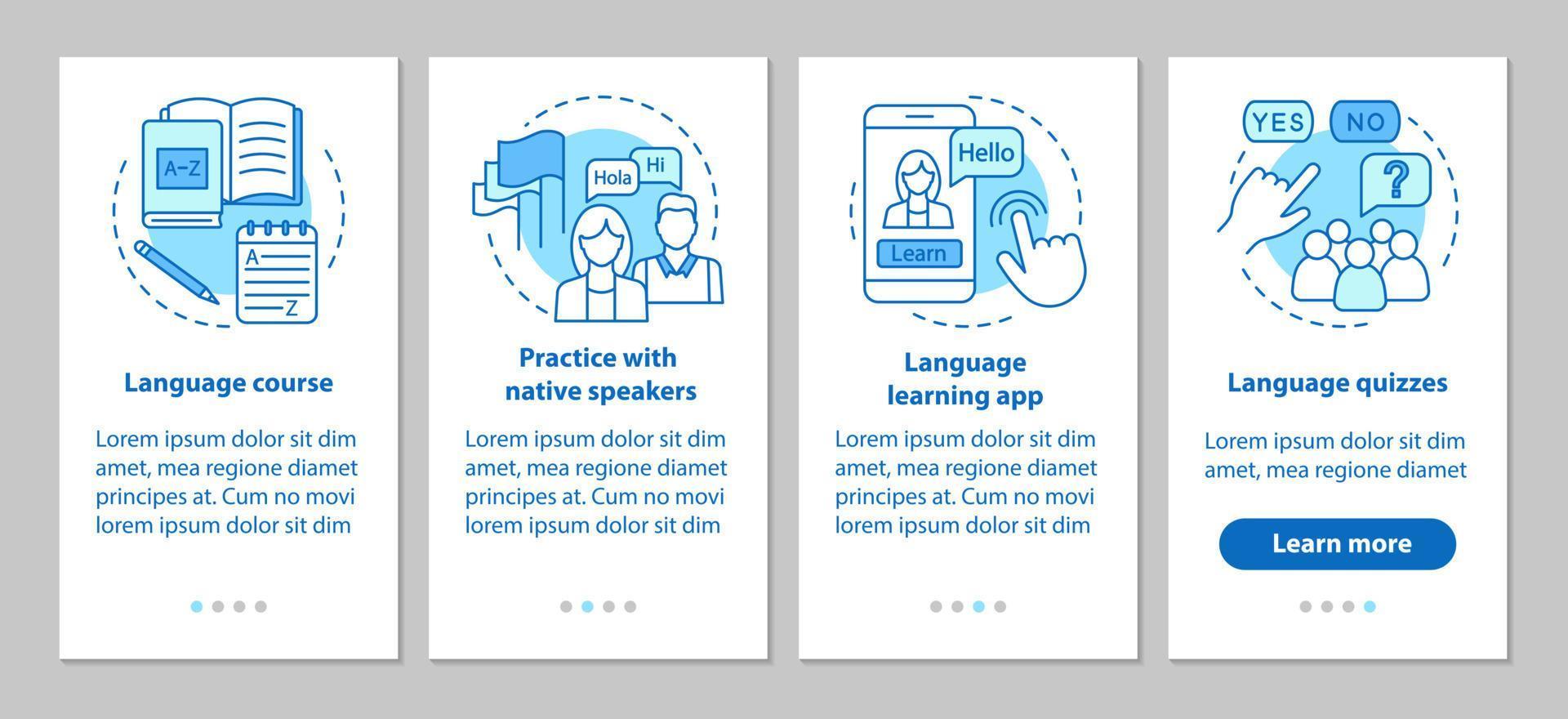 plantilla de vector de pantalla de página de aplicación móvil de incorporación de aprendizaje de idiomas. lecciones con hablantes nativos, cuestionarios de idiomas, cursos en línea. paso a paso del sitio web. ux, ui, concepto de interfaz de teléfono inteligente gui