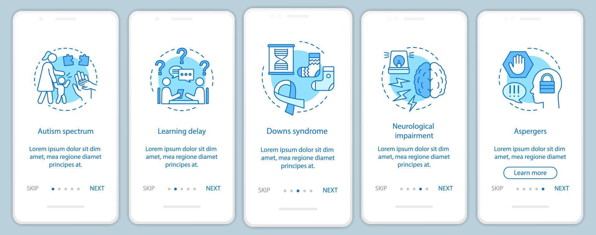 trastornos infantiles que incorporan la plantilla vectorial de pantalla de la aplicación móvil. enfermería. enfermedades de los niños. autismo, asperger, pasos del sitio web del tutorial del síndrome de down. guarderia. ux, ui, interfaz de teléfono inteligente gui vector