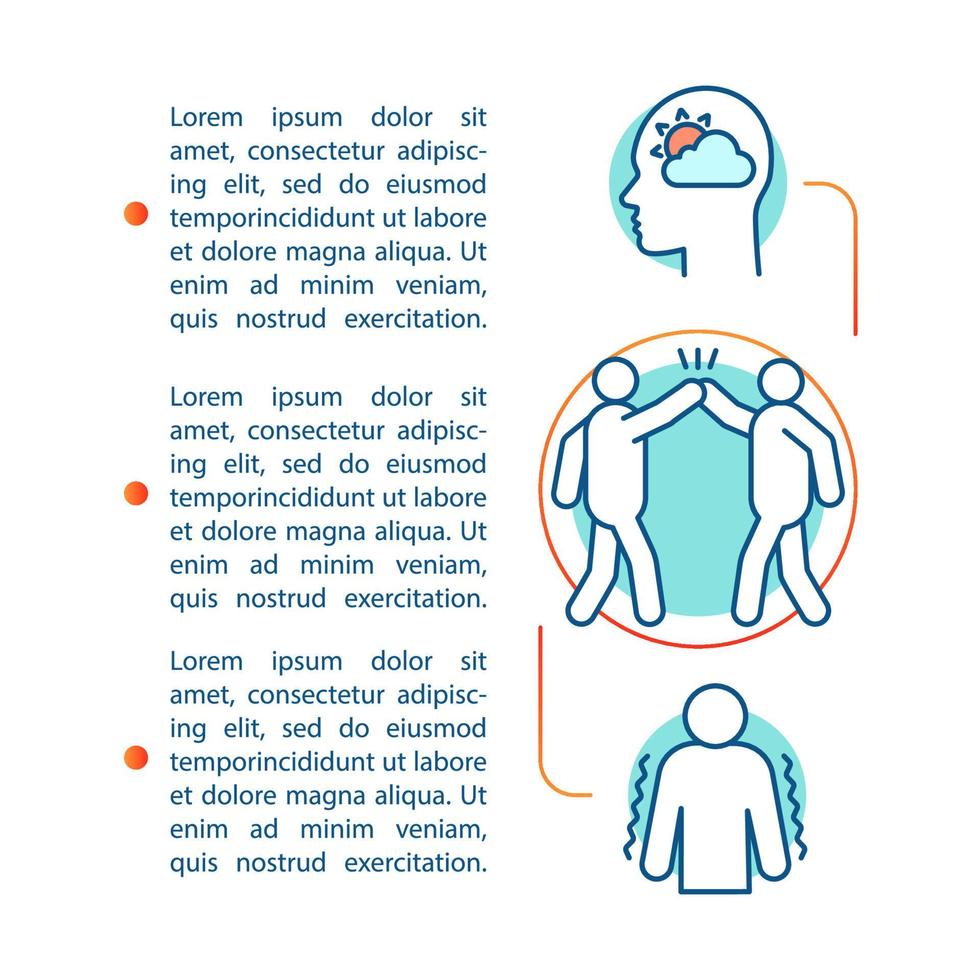 plantilla de vector de página de artículo de control de emociones. satisfacción, interacción, meditación, sentimiento. elemento de diseño de folleto, iconos lineales, cuadros de texto. diseño de impresión. ilustraciones conceptuales con espacio de texto