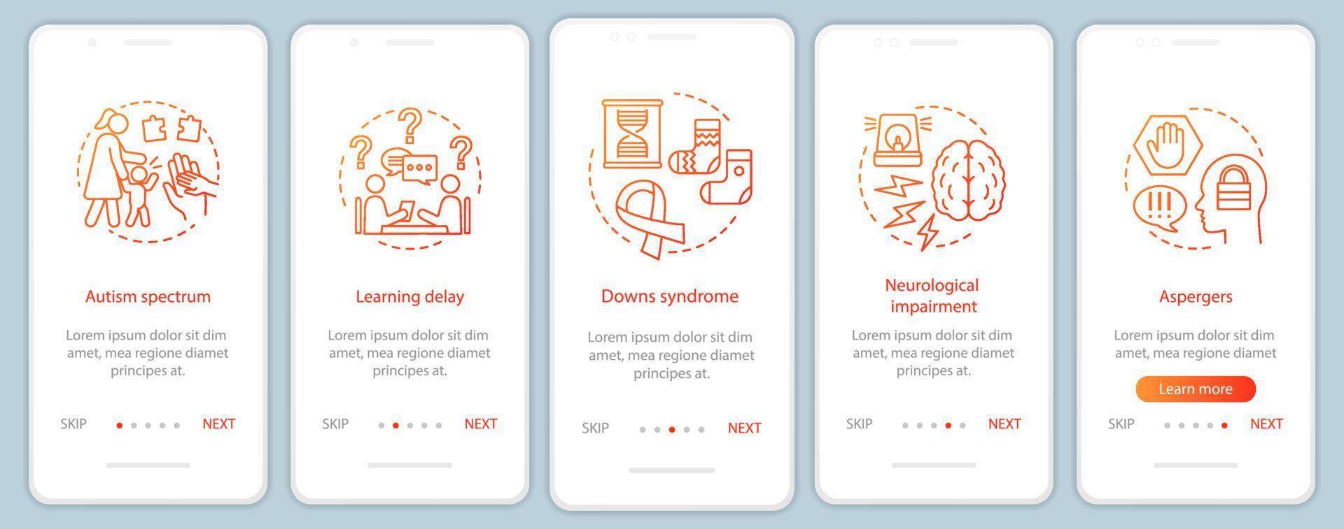 plantilla de vector de pantalla de página de aplicación móvil de incorporación de asistencia domiciliaria pediátrica. cuidado del niño lactante. Pasos del sitio web del tutorial sobre trastornos de los niños. centro médico de puericultura. ux, ui, interfaz de teléfono inteligente gui