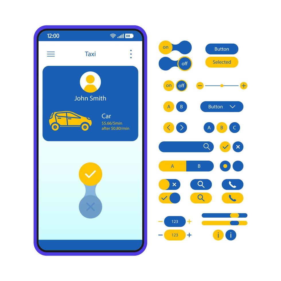 plantilla de vector de interfaz de aplicación de carpool. diseño de la página de la aplicación de uso compartido de automóviles móviles. pantalla de arrendamiento de automóviles. alquiler de coches. pedido de taxis. interfaz de usuario plana para la aplicación. pantalla del teléfono con botones establecidos