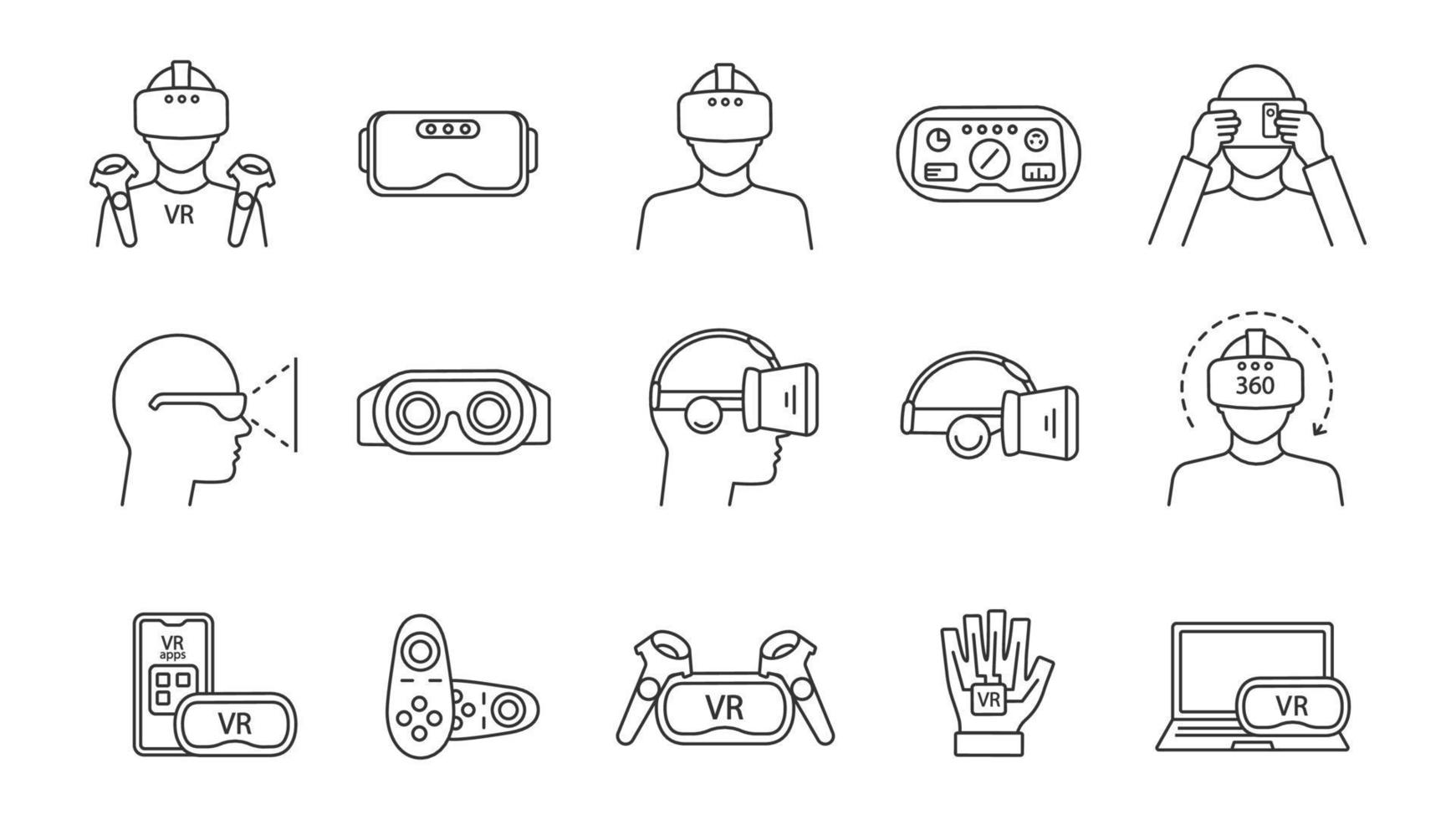 Virtual reality linear icons set. Thin line contour symbols. VR games, apps, headset, controllers, players. Virtual reality devices. Isolated vector outline illustrations. Editable stroke
