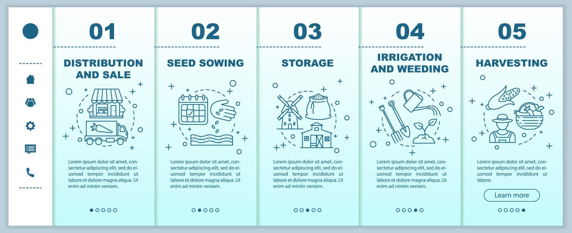 Agricultural business onboarding mobile app page screen vector template. Farming. Agriculture. Growing, sowing walkthrough steps with linear illustrations. UX, UI, GUI smartphone interface concept