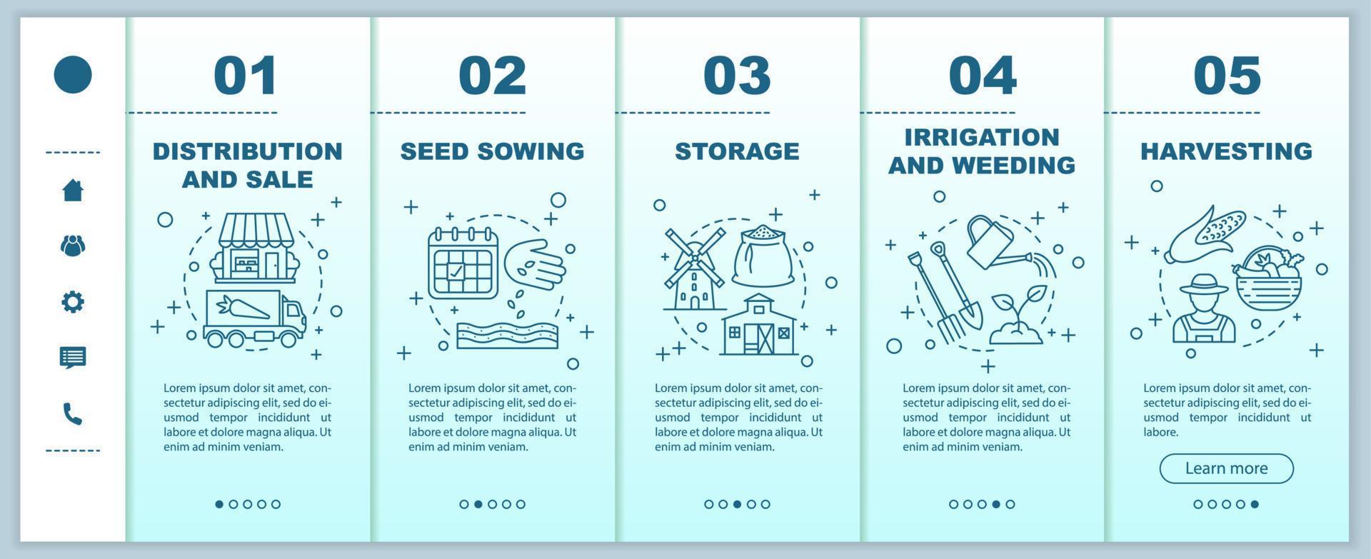 plantilla de vector de pantalla de página de aplicación móvil de incorporación de negocios agrícolas. agricultura. agricultura. Pasos de tutorial de crecimiento y siembra con ilustraciones lineales. ux, ui, concepto de interfaz de teléfono inteligente gui