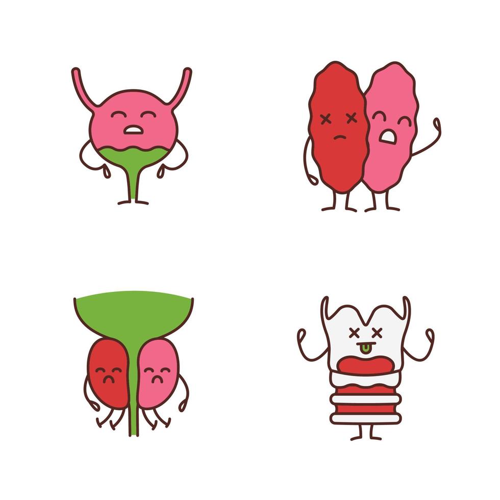 Sad human internal organs characters color icons set. Unhappy larynx, thymus, prostate, urinary bladder. Unhealthy urinary, immune, reproductive, respiratory systems. Isolated vector illustrations