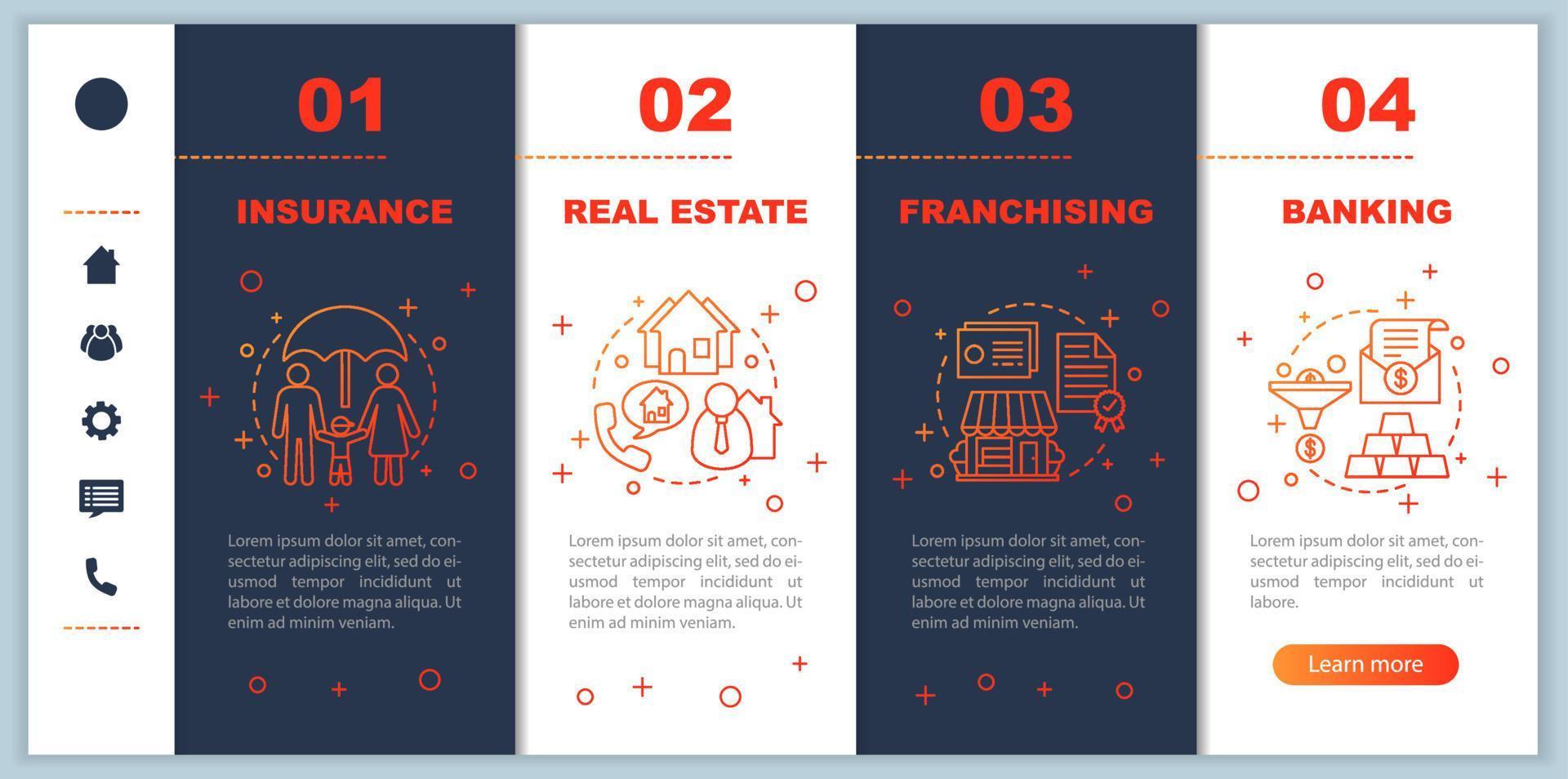 Franchising onboarding mobile app page screen vector template. Investment. Finances. Banking, real estate walkthrough website steps with linear illustrations. UX, UI, GUI smartphone interface concept